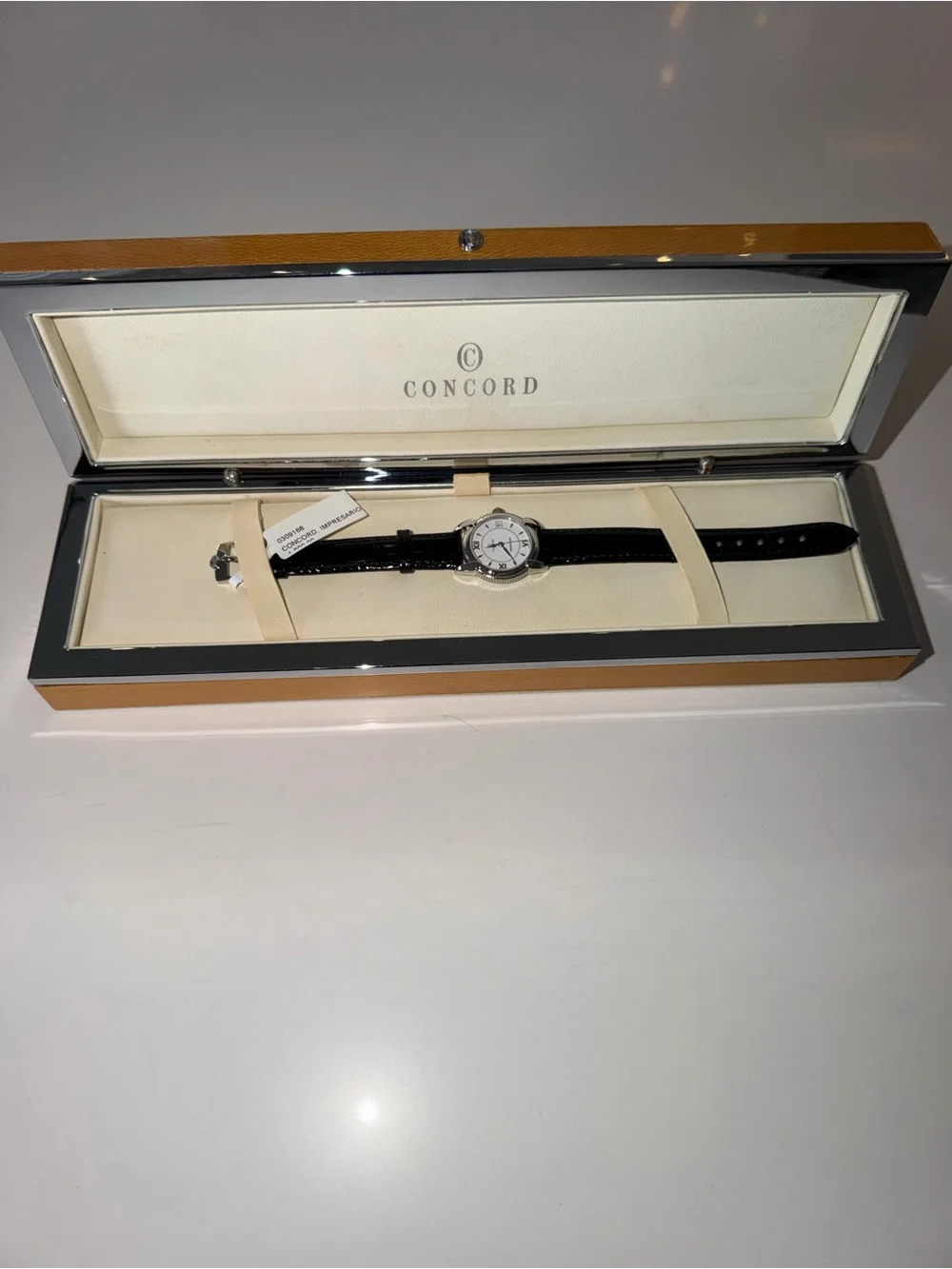 Concord Women’s Black Leather Strap Watch - Silver Case, White Dial